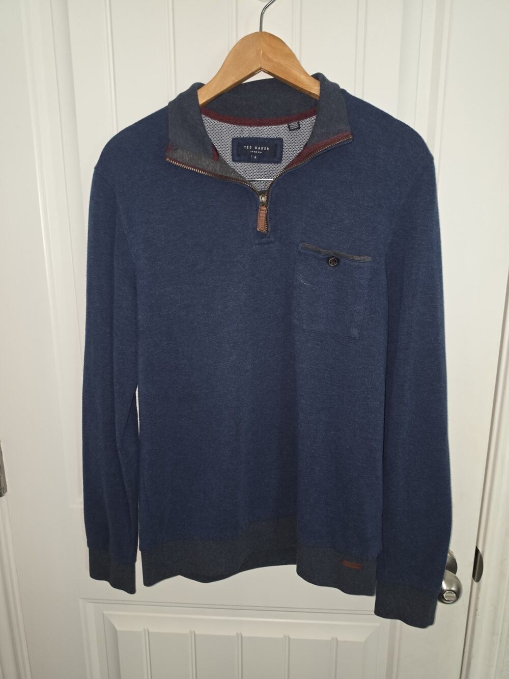 Ted Baker Valerio Mens 3/ Medium Navy Blue Quarter Zip Sweater Wool Blend Pocket